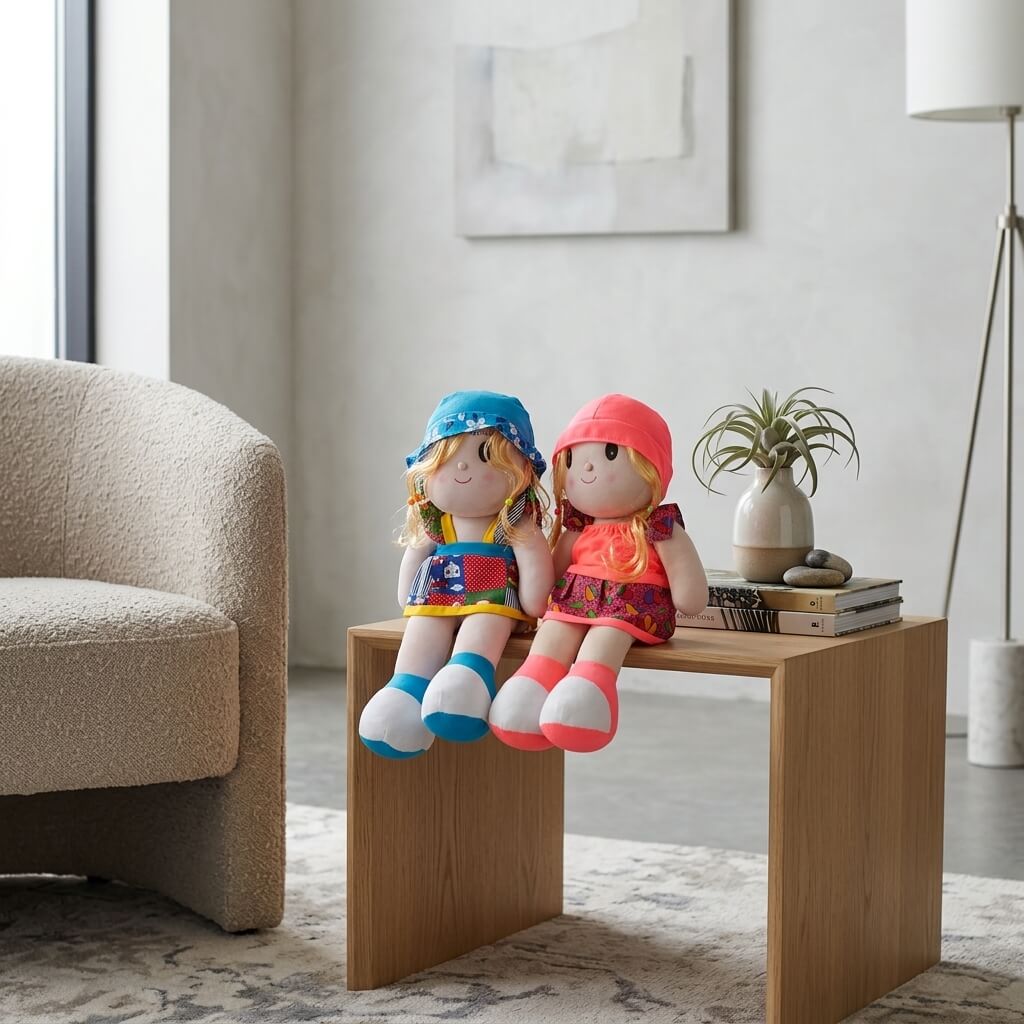 Colorful Frock Plush Doll with Blonde Hair – Soft Cuddly Toy