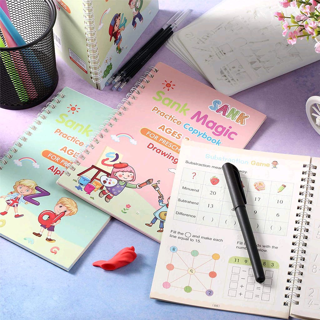 Sank Magic Practice Copybook (4 Books + Magic Pen & 10 Ink Refills) Preschool Learning Books for Kids
