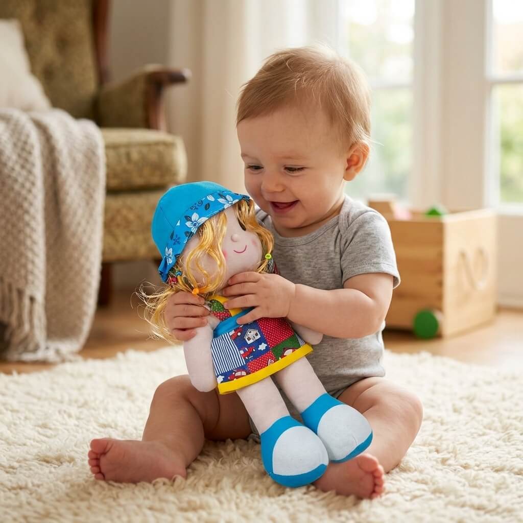 Colorful Frock Plush Doll with Blonde Hair – Soft Cuddly Toy