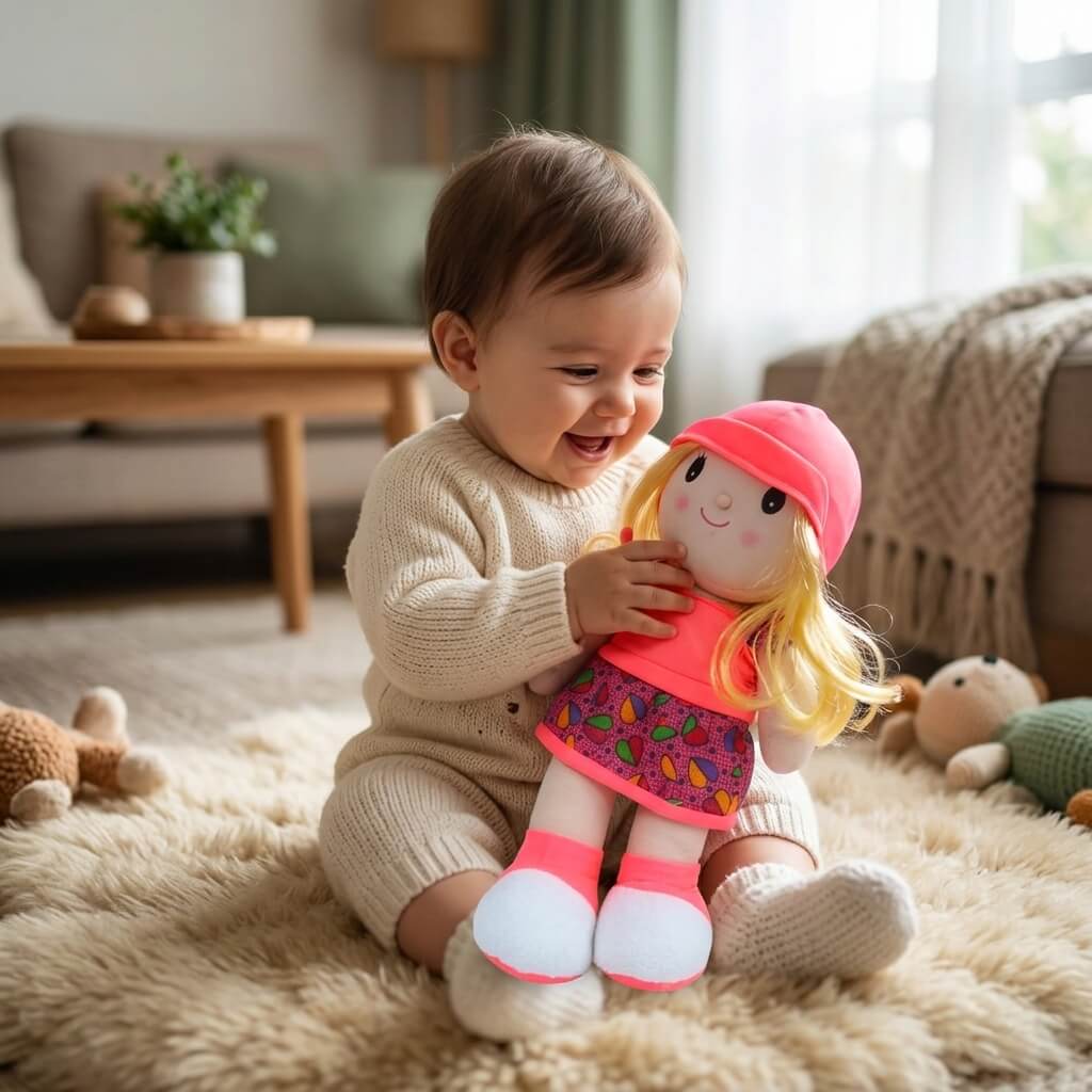 Colorful Frock Plush Doll with Blonde Hair – Soft Cuddly Toy