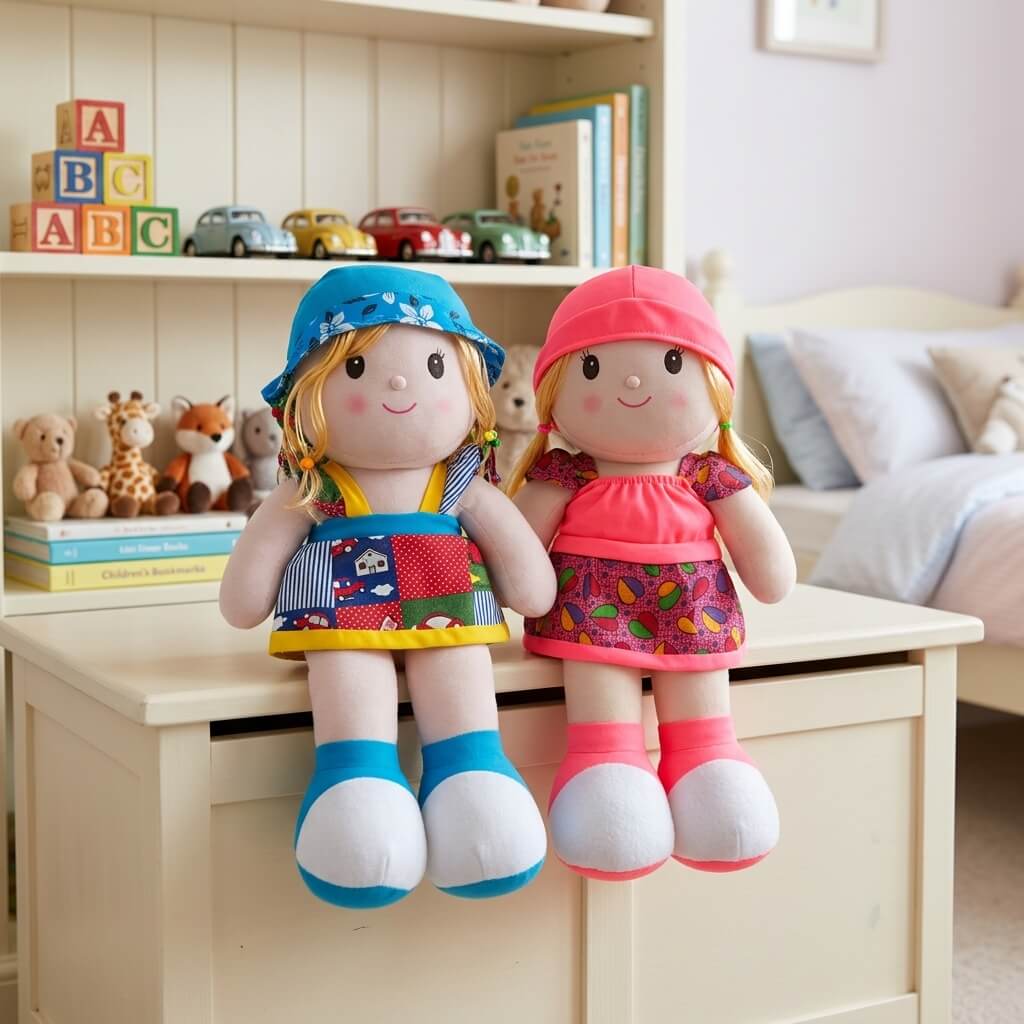 Colorful Frock Plush Doll with Blonde Hair – Soft Cuddly Toy