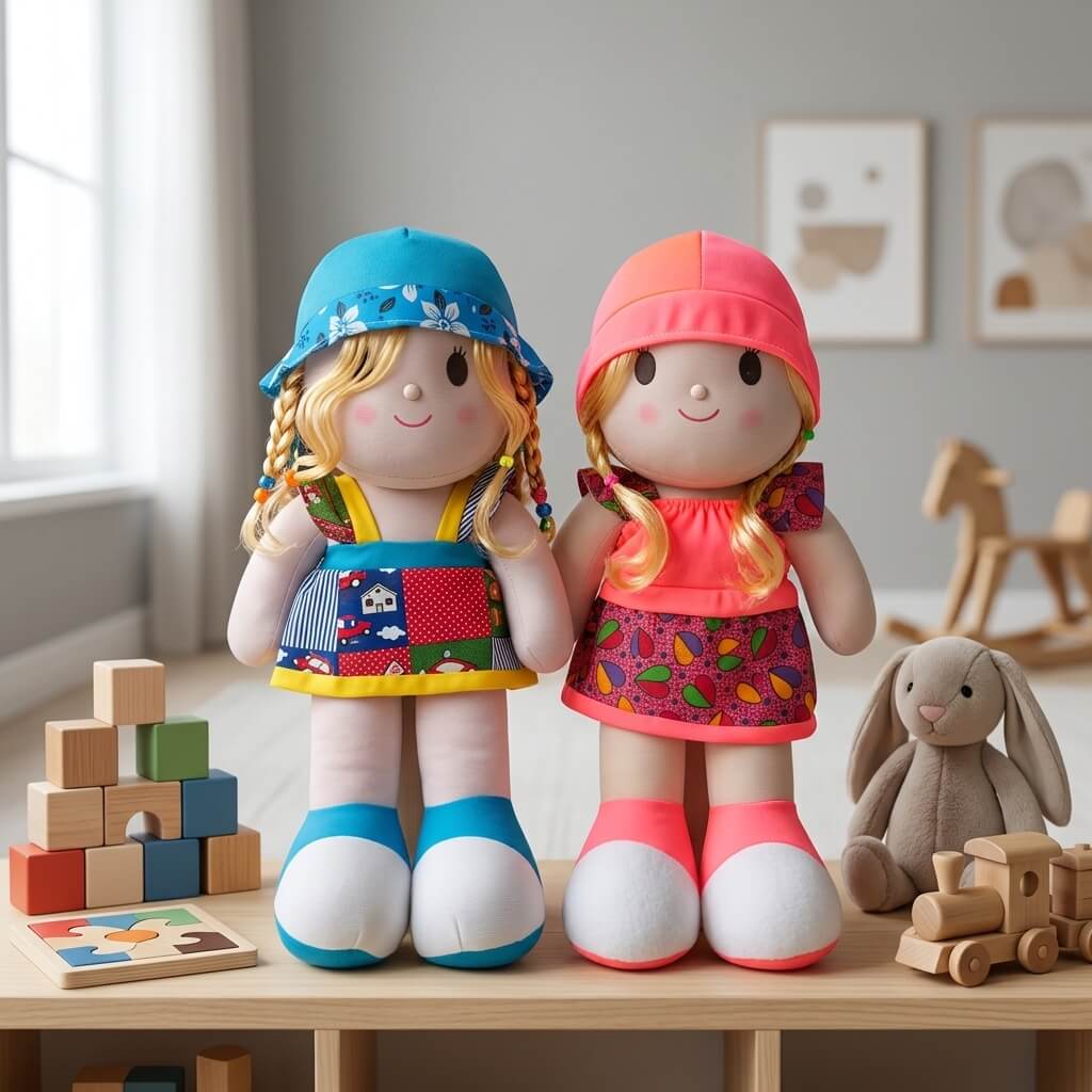 Colorful Frock Plush Doll with Blonde Hair – Soft Cuddly Toy