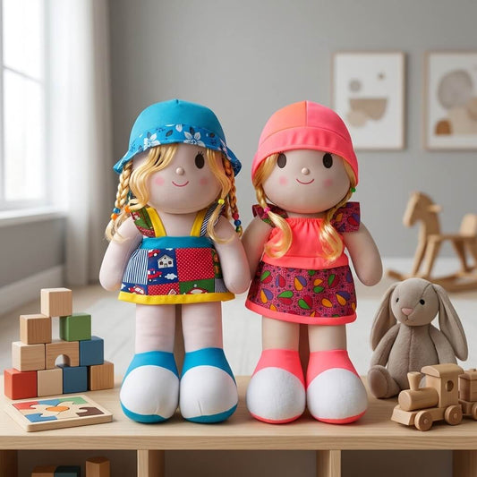 Colorful Frock Plush Doll with Blonde Hair – Soft Cuddly Toy