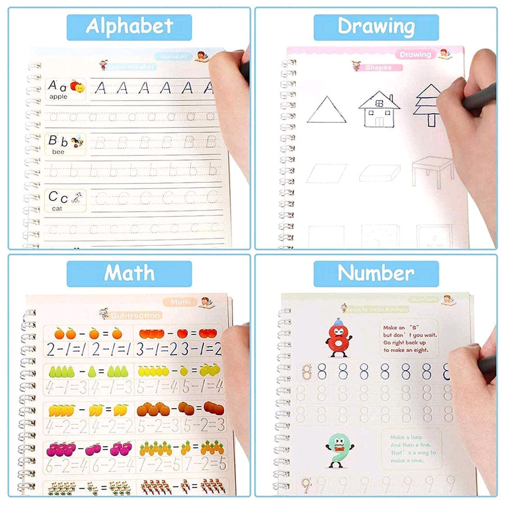 Sank Magic Practice Copybook (4 Books + Magic Pen & 10 Ink Refills) Preschool Learning Books for Kids
