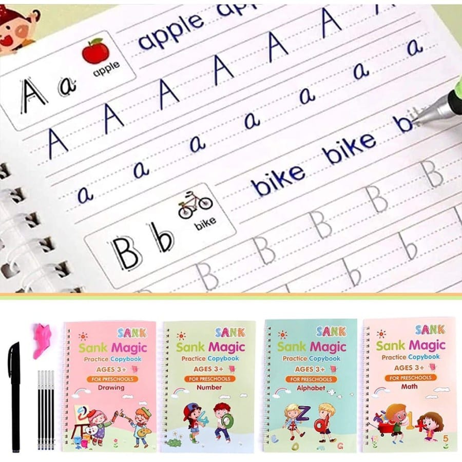 Sank Magic Practice Copybook (4 Books + Magic Pen & 10 Ink Refills) Preschool Learning Books for Kids